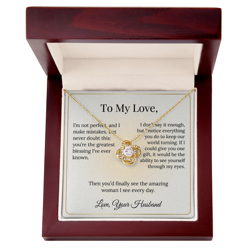 To My Love Necklace Wife from Husband, Message Card Hubby Love Knot Pendant Gold Anniversary Jewelry Valentine's Day Birthday Christmas Gift