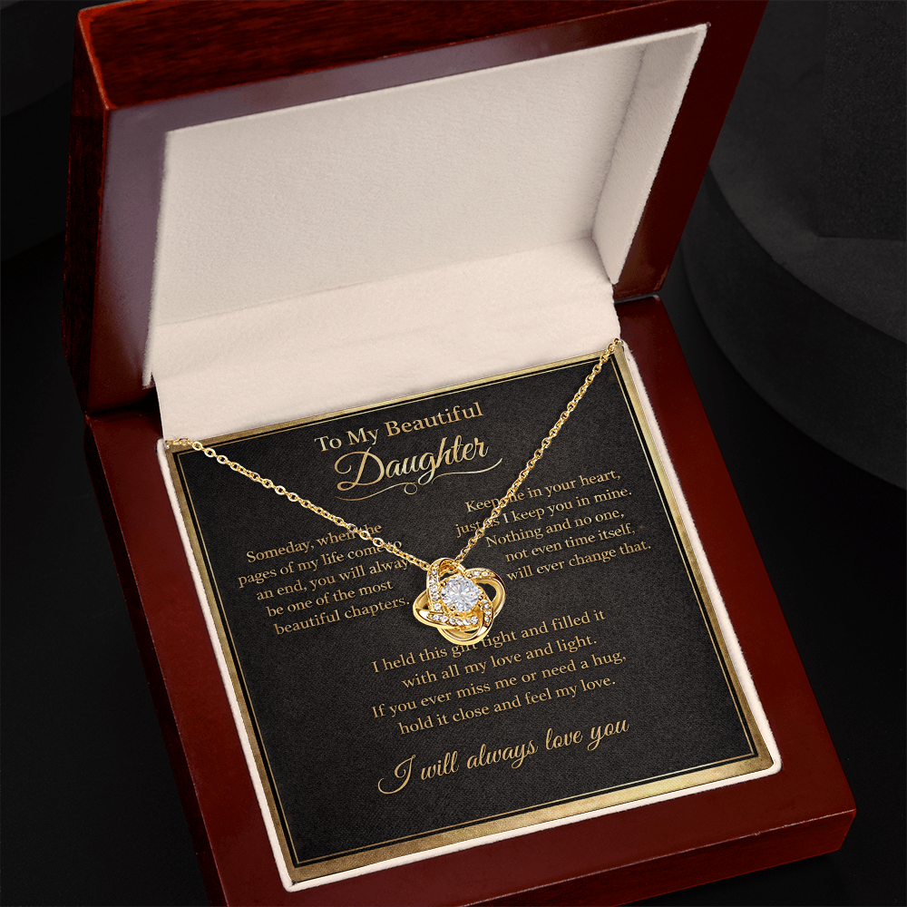 To My Beautiful Daughter Necklace from Mom Dad, Always Love You Message Card Girls Mother Pendant Gold Finish Jewelry Birthday Christmas Gift Box