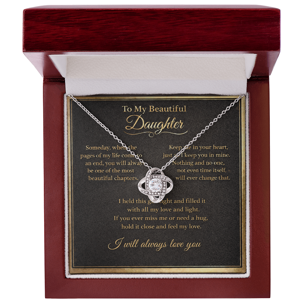 To My Beautiful Daughter Necklace from Mom Dad, Always Love You Message Card Girls Mother Pendant Gold Finish Jewelry Birthday Christmas Gift Box