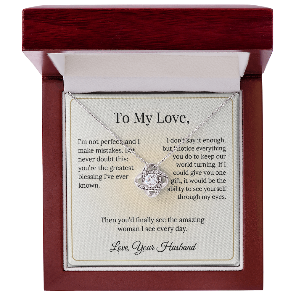 To My Love Necklace Wife from Husband, Message Card Hubby Love Knot Pendant Gold Anniversary Jewelry Valentine's Day Birthday Christmas Gift