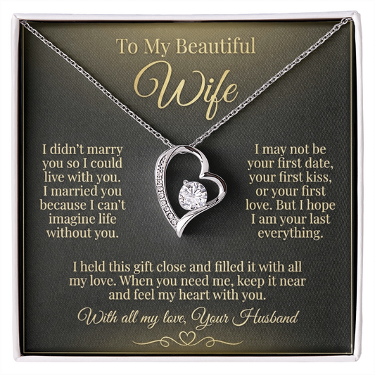 To My Beautiful Wife Necklace from Husband, Message Card Hubby Love Heart Pendant Gold Anniversary Jewelry Birthday Christmas Valentines Day Gift