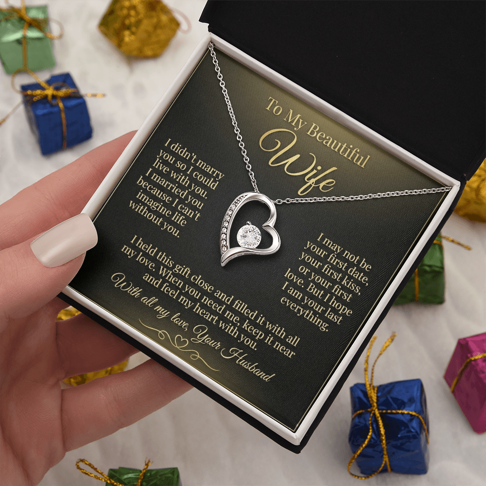 To My Beautiful Wife Necklace from Husband, Message Card Hubby Love Heart Pendant Gold Anniversary Jewelry Birthday Christmas Valentines Day Gift