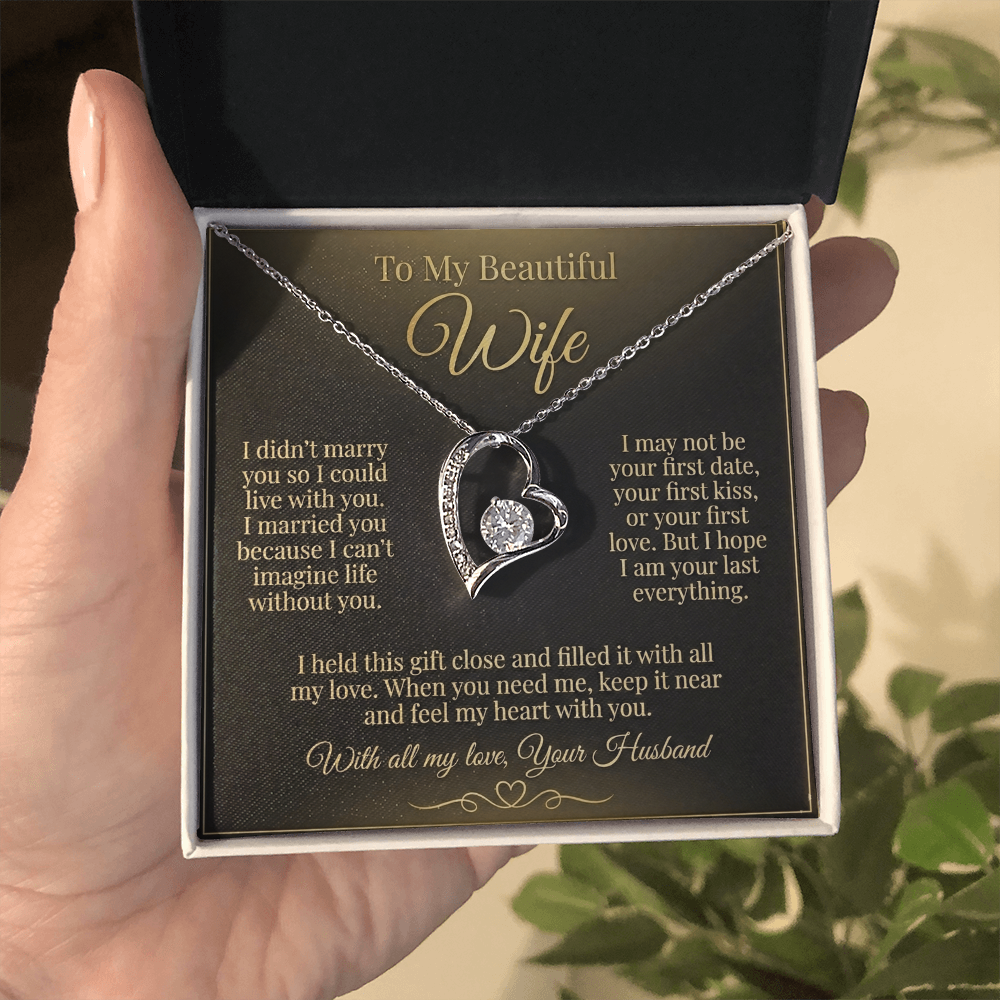 To My Beautiful Wife Necklace from Husband, Message Card Hubby Love Heart Pendant Gold Anniversary Jewelry Birthday Christmas Valentines Day Gift