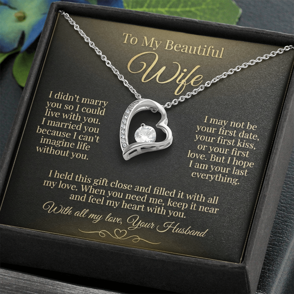 To My Beautiful Wife Necklace from Husband, Message Card Hubby Love Heart Pendant Gold Anniversary Jewelry Birthday Christmas Valentines Day Gift