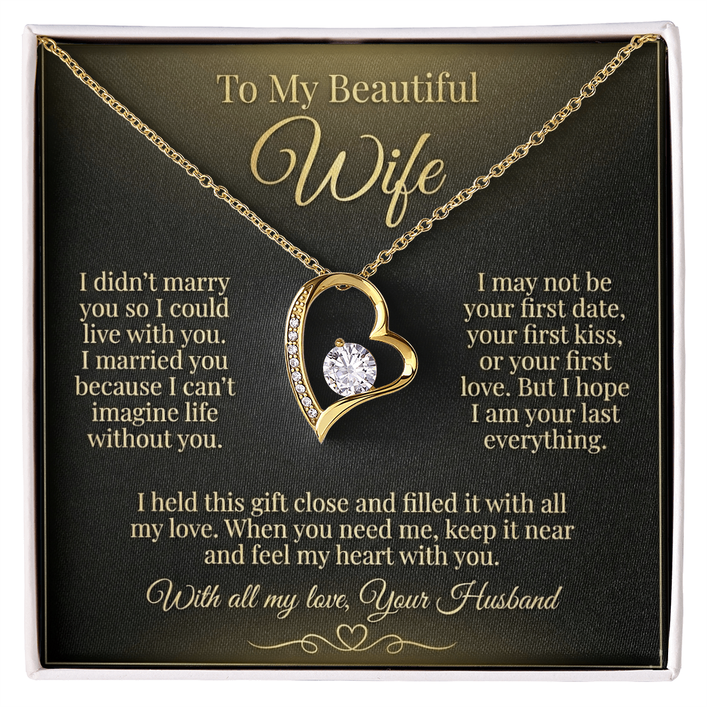 To My Beautiful Wife Necklace from Husband, Message Card Hubby Love Heart Pendant Gold Anniversary Jewelry Birthday Christmas Valentines Day Gift