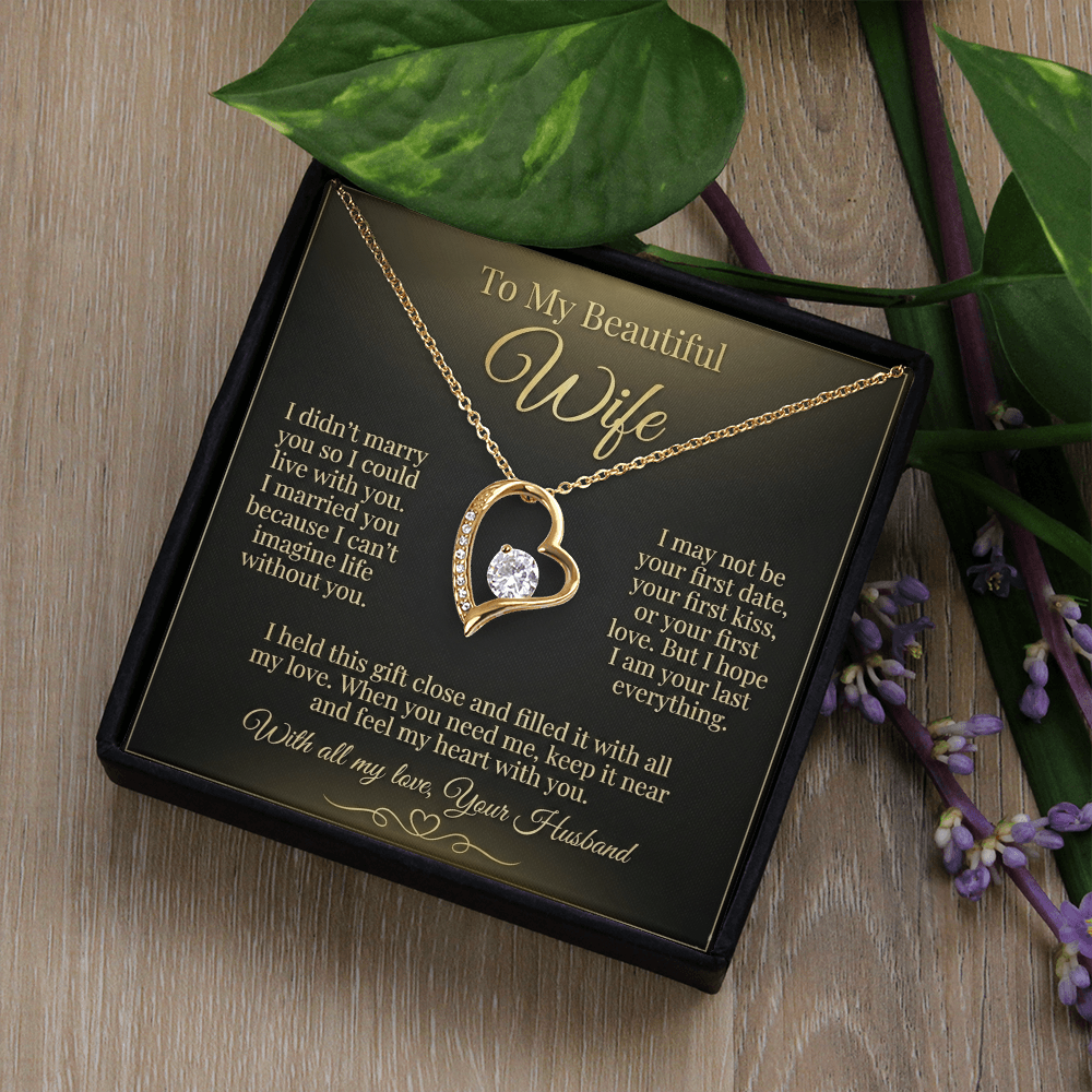 To My Beautiful Wife Necklace from Husband, Message Card Hubby Love Heart Pendant Gold Anniversary Jewelry Birthday Christmas Valentines Day Gift