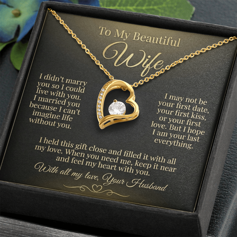 To My Beautiful Wife Necklace from Husband, Message Card Hubby Love Heart Pendant Gold Anniversary Jewelry Birthday Christmas Valentines Day Gift