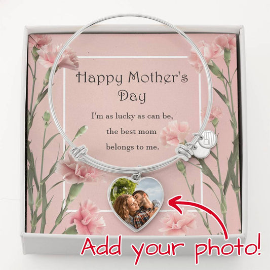 Happy Mother's Day Photo Bangle Bracelet, Custom Personalized Picture Mom Grandma Heart Gold Gift Carnations Flowers Message Card Jewelry