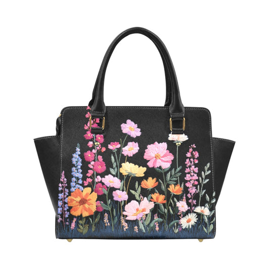 Floral Purse Handbag, Pink Purple Flowers Faux Embroidery Vegan Leather Designer Women Ladies Female Tote Top Zip Handle Bag Shoulder Strap