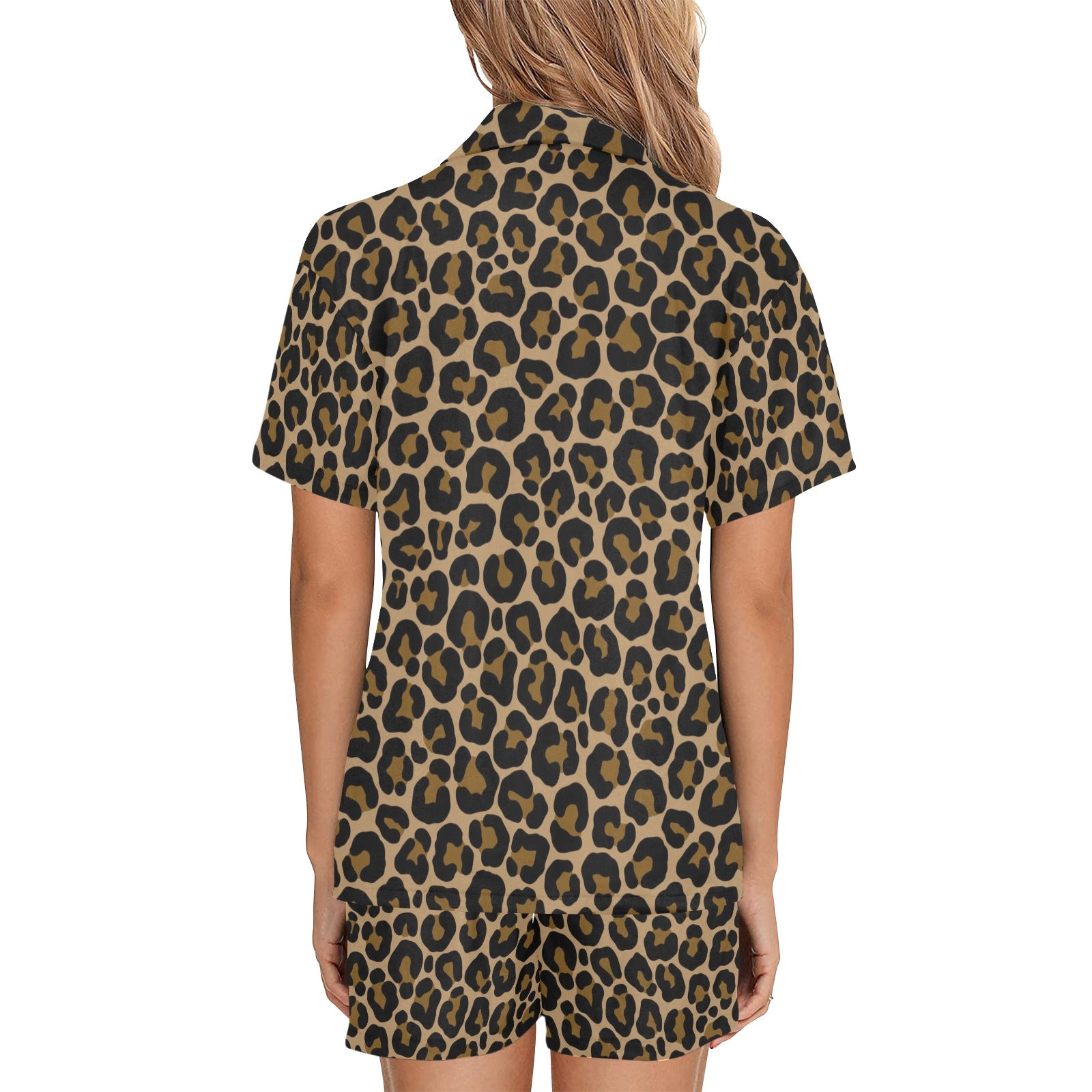 Leopard Pajamas Set, Animal Print Cheetah Lounge Sleepwear Short Sleeve Sleep Shirt Shorts Night Plus Size Summer Designer PJs Button Up - Starcove Fashion