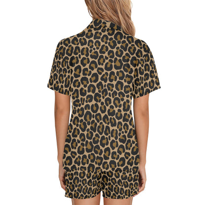 Leopard Pajamas Set, Animal Print Cheetah Lounge Sleepwear Short Sleeve Sleep Shirt Shorts Night Plus Size Summer Designer PJs Button Up - Starcove Fashion