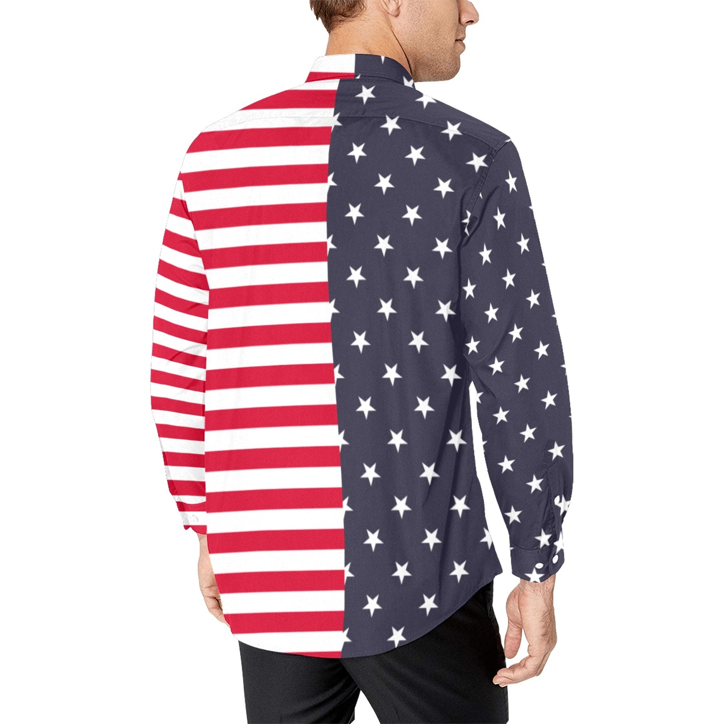 American Flag Men Button Up Shirt, Patriotic Stars Stripes Red White Long Sleeve Buttoned Down Collar Male Guys Casual Dress Chest Pocket
