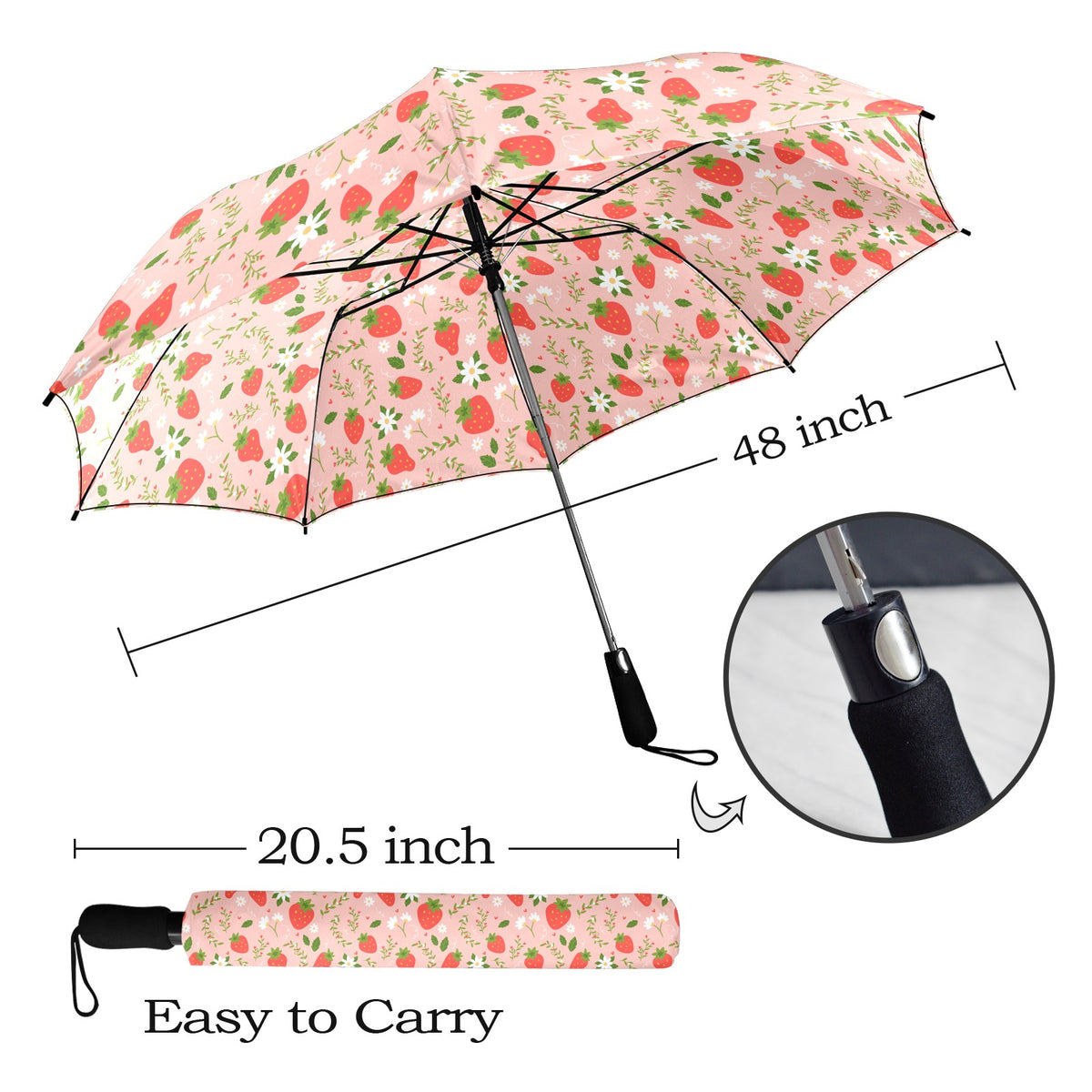 Strawberry Floral Umbrella, Flowers Pink Golf Anti-UV Semi-Automatic Sun Beach Rain Parasol Large Compact Travel Windproof Designer Luxury