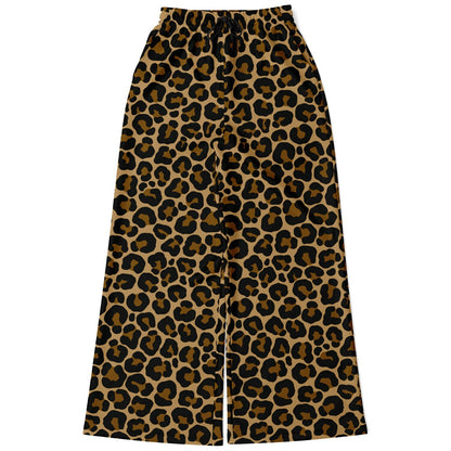 Leopard Wide Leg Jogging Pants, Brown Animal Print Cheetah Flare Sweatpants Pockets Women Flared Sweats Cotton Fleece Ladies Joggers
