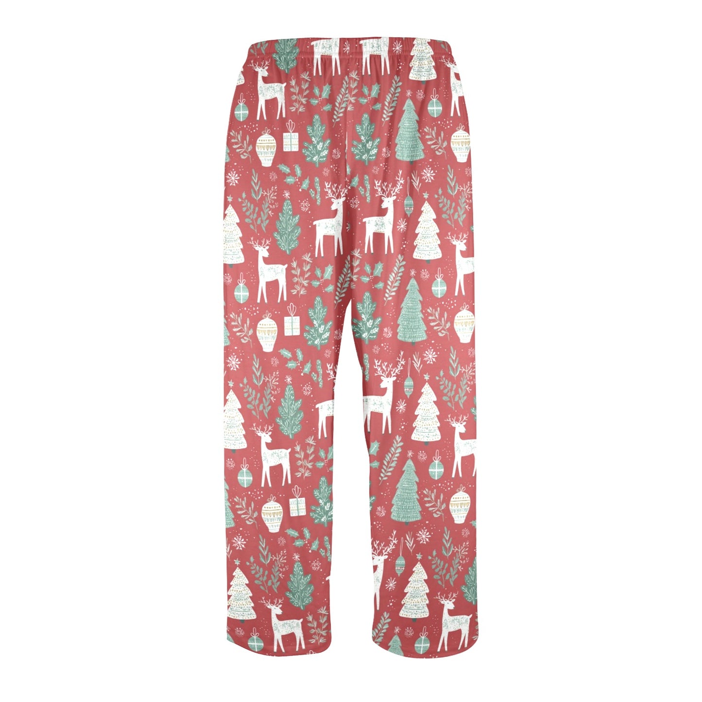 Red Christmas Men Pajamas Pants, Reindeer Green Festive Holidays Decoration Xmas PJ Pockets Sleep Trousers Couples Matching Trouser Bottoms