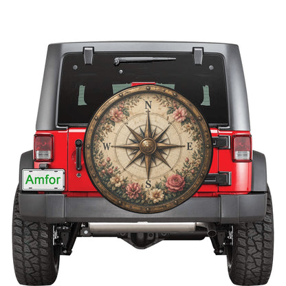 Flower Boho Compass Rose Spare Tire Wheel Cover, Vintage Floral Navigation Bohemian Back Up Camera Hole Rear Back RV Car Camper Motorhome - Starcove Fashion