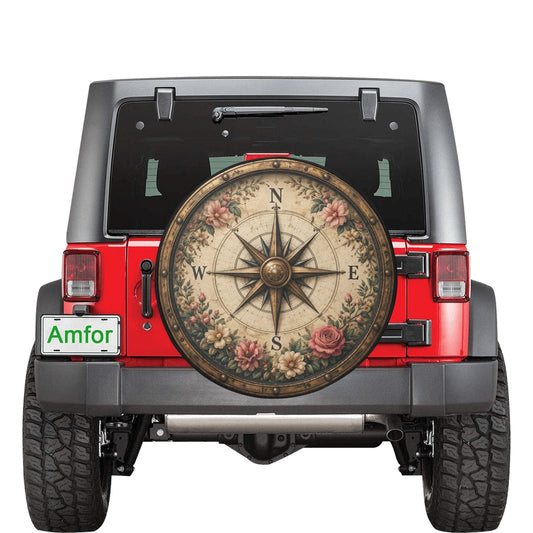 Flower Boho Compass Rose Spare Tire Wheel Cover, Vintage Floral Navigation Bohemian Back Up Camera Hole Rear Back RV Car Camper Motorhome