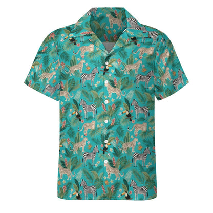 Animal Print Men Button Up Shirt, Leopard Teal Jungle Short Sleeve Print Casual Buttoned Down Summer Male Guys Collared Designer Dress