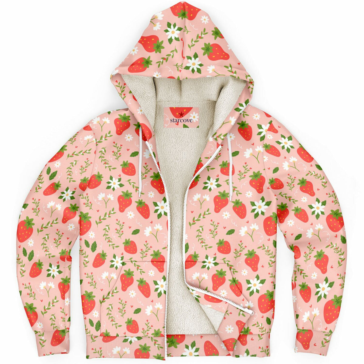 Strawberry Zip Up Fleece Lined Hoodie, Pink Floral Flowers Sherpa Heavyweight Full Zipper Men Women Unisex Graphic Hooded Sweatshirt Jacket
