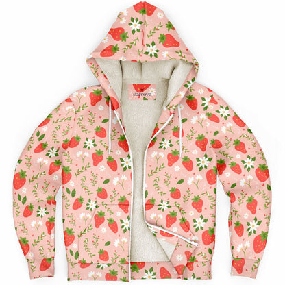 Strawberry Zip Up Fleece Lined Hoodie, Pink Floral Flowers Sherpa Heavyweight Full Zipper Men Women Unisex Graphic Hooded Sweatshirt Jacket