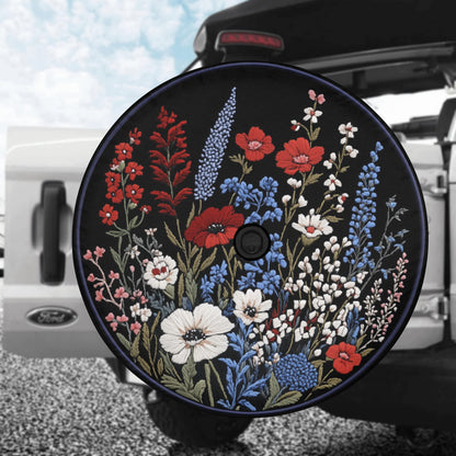 Red White Blue Flowers Spare Tire Cover, Faux Embroidery Botanical Printed Floral Wheel Unique Backup Camera Hole Trailer Back Men Women RV - Starcove Fashion