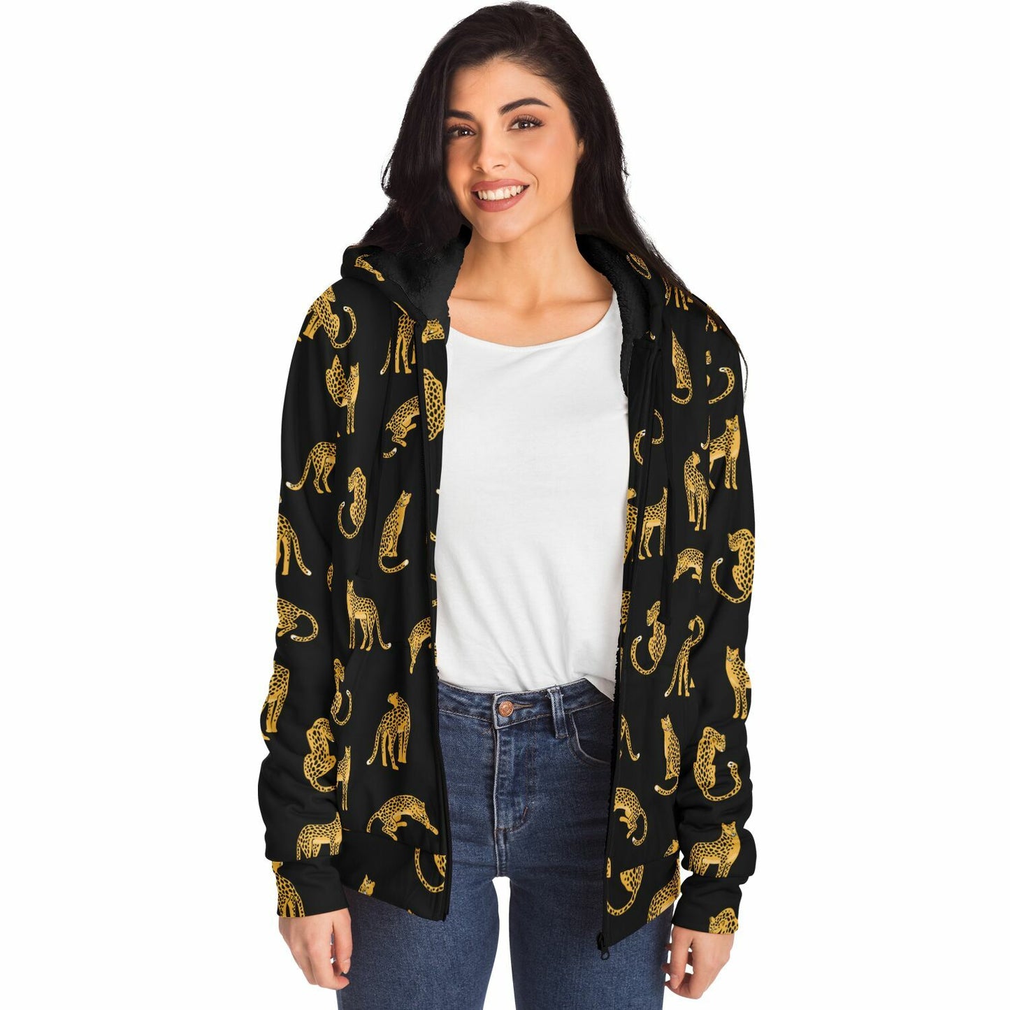 Leopard Zip Up Fleece Lined Hoodie, Animal Cheetah Print Heavyweight Full Zipper Pocket Men Women Unisex Graphic Hooded Sweatshirt Jacket