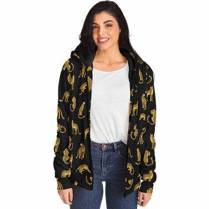 Leopard Zip Up Fleece Lined Hoodie, Animal Cheetah Print Heavyweight Full Zipper Pocket Men Women Unisex Graphic Hooded Sweatshirt Jacket