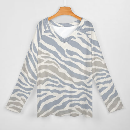 Zebra Stripe Women Long Sleeve Tshirt loose fit, Grey Blue Sand White Animal Print Relaxed V-neck Designer Ladies Female Tee Top Shirt