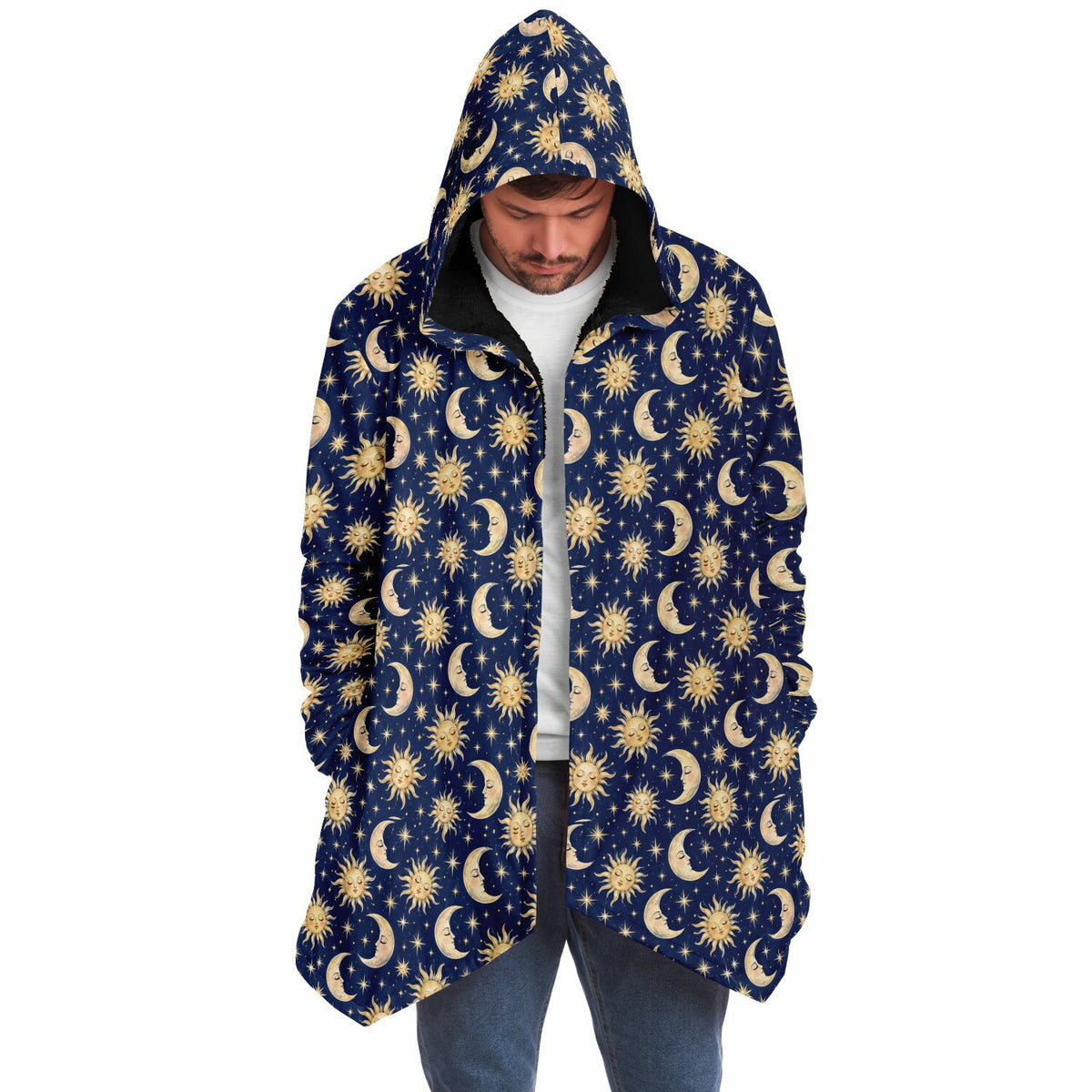 Sun Moon Hooded Cloak, Blue Navy Celestial Cosmic Space Coat Men Women Ladies Winter Warm Mink Fleece Blanket Robe Wearable Cape Pockets