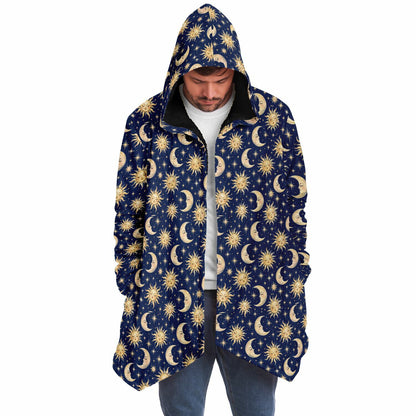Sun Moon Hooded Cloak, Blue Navy Celestial Cosmic Space Coat Men Women Ladies Winter Warm Mink Fleece Blanket Robe Wearable Cape Pockets