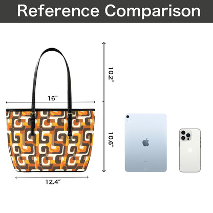 Retro Vintage Tote Bag Purse, 70s Geometric Orange Brown Art Women Vegan Leather Handbag  Zip on Top Designer Handmade Shoulder Ladies Bag