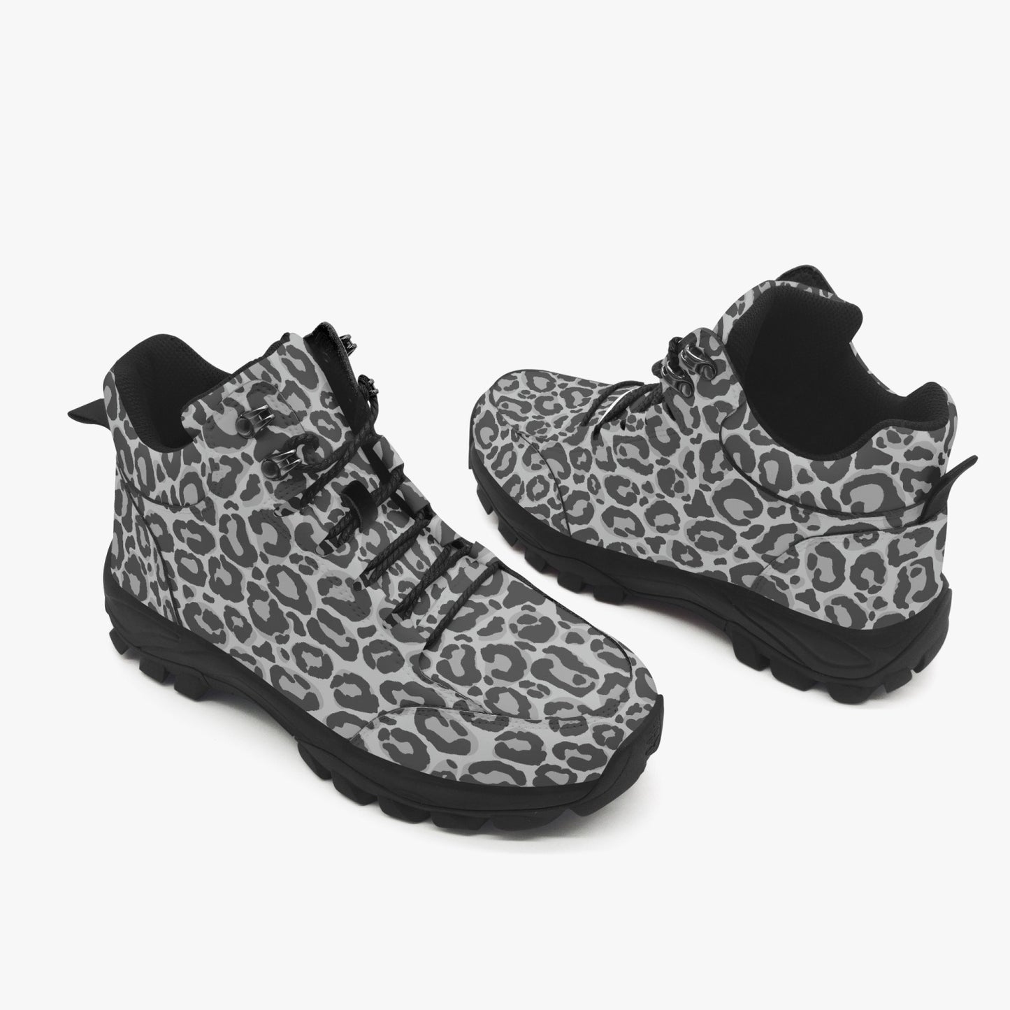 Grey Leopard Hiking Leather Boots, Gray Animal Cheetah Print Men Women Lace Up Walking Hunting Rubber Shoes Print Ankle Winter Casual Work