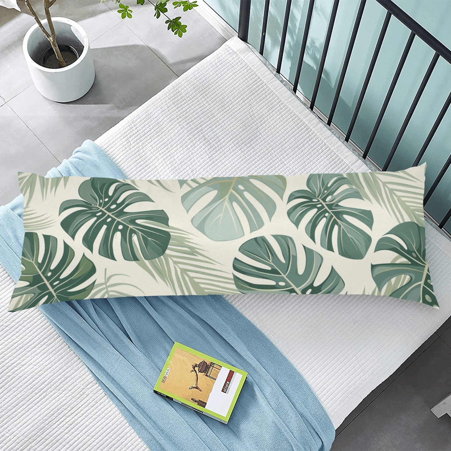 Monstera Leaf Body Pillow Case, Sage Green Tropical Retro Long Large Bed Accent Print Throw Decor Decorative Cover Cushion 20x54