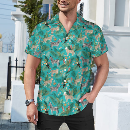 Animal Print Men Button Up Shirt, Leopard Teal Jungle Short Sleeve Print Casual Buttoned Down Summer Male Guys Collared Designer Dress