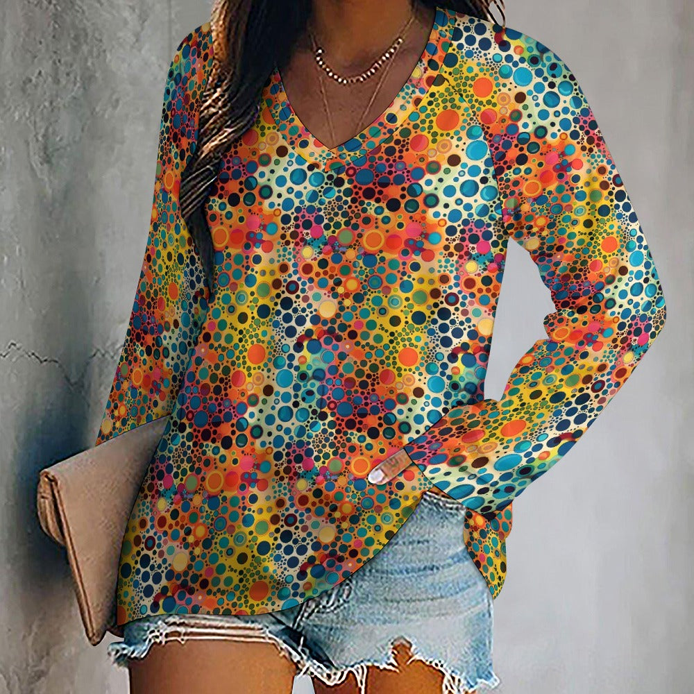 Psychedelic Women Long Sleeve Tshirt loose fit, Colorful Trippy Retro Relaxed V-neck Designer Graphic Festival Ladies Female Tee Top Shirt - Starcove Fashion