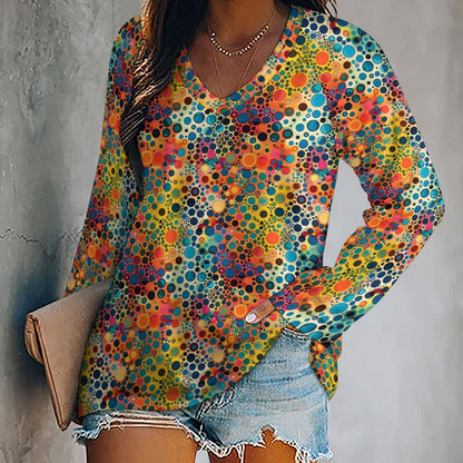 Psychedelic Women Long Sleeve Tshirt loose fit, Colorful Trippy Retro Relaxed V-neck Designer Graphic Festival Ladies Female Tee Top Shirt - Starcove Fashion