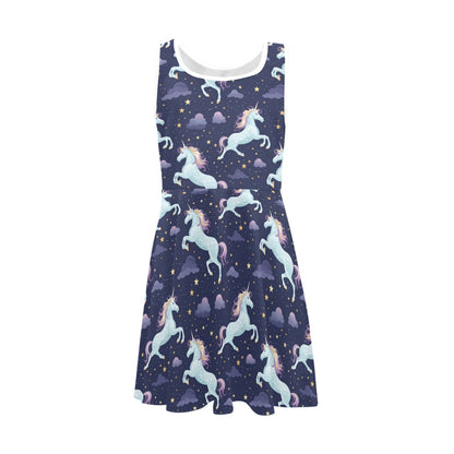 Unicorn Floral Midi Girls Dress, Magical Kids Sleeveless Sundress Casual Cute Designer Children Elegant Cocktail Party Summer Designer