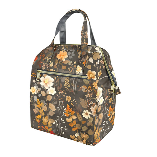 Floral Insulated Lunch Box Bag Tote, Brown Green Flowers Cute Food Container Adult Kids Women Teens Men School Work Handbag