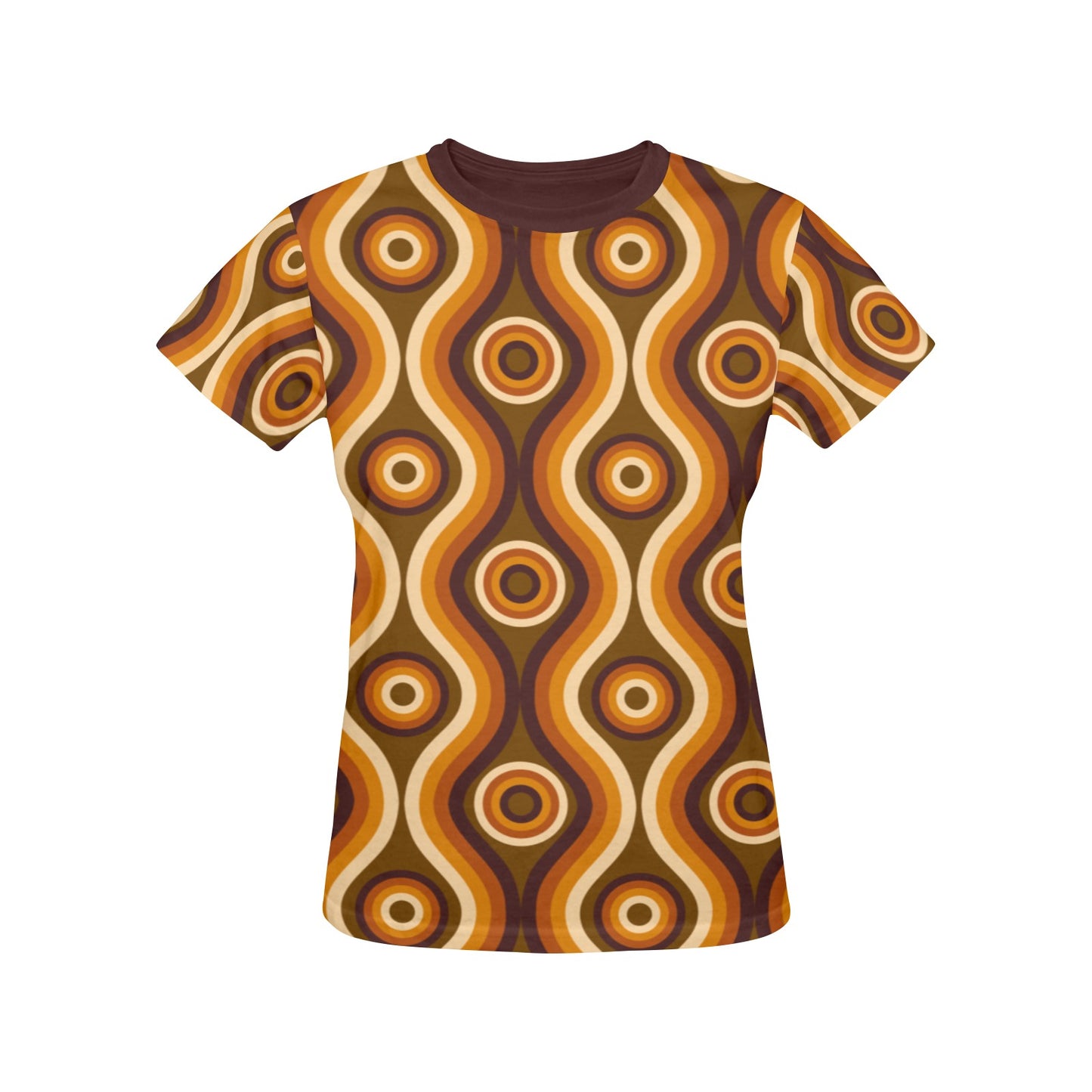 Brown Retro Vintage Women Tshirt, Striped 70s Ladies Female Designer Adult Graphic Aesthetic Fashion Fitted Crewneck Tee Shirt Plus Size Top