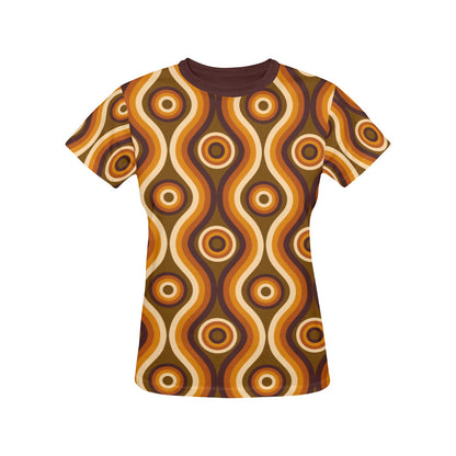 Brown Retro Vintage Women Tshirt, Striped 70s Ladies Female Designer Adult Graphic Aesthetic Fashion Fitted Crewneck Tee Shirt Plus Size Top