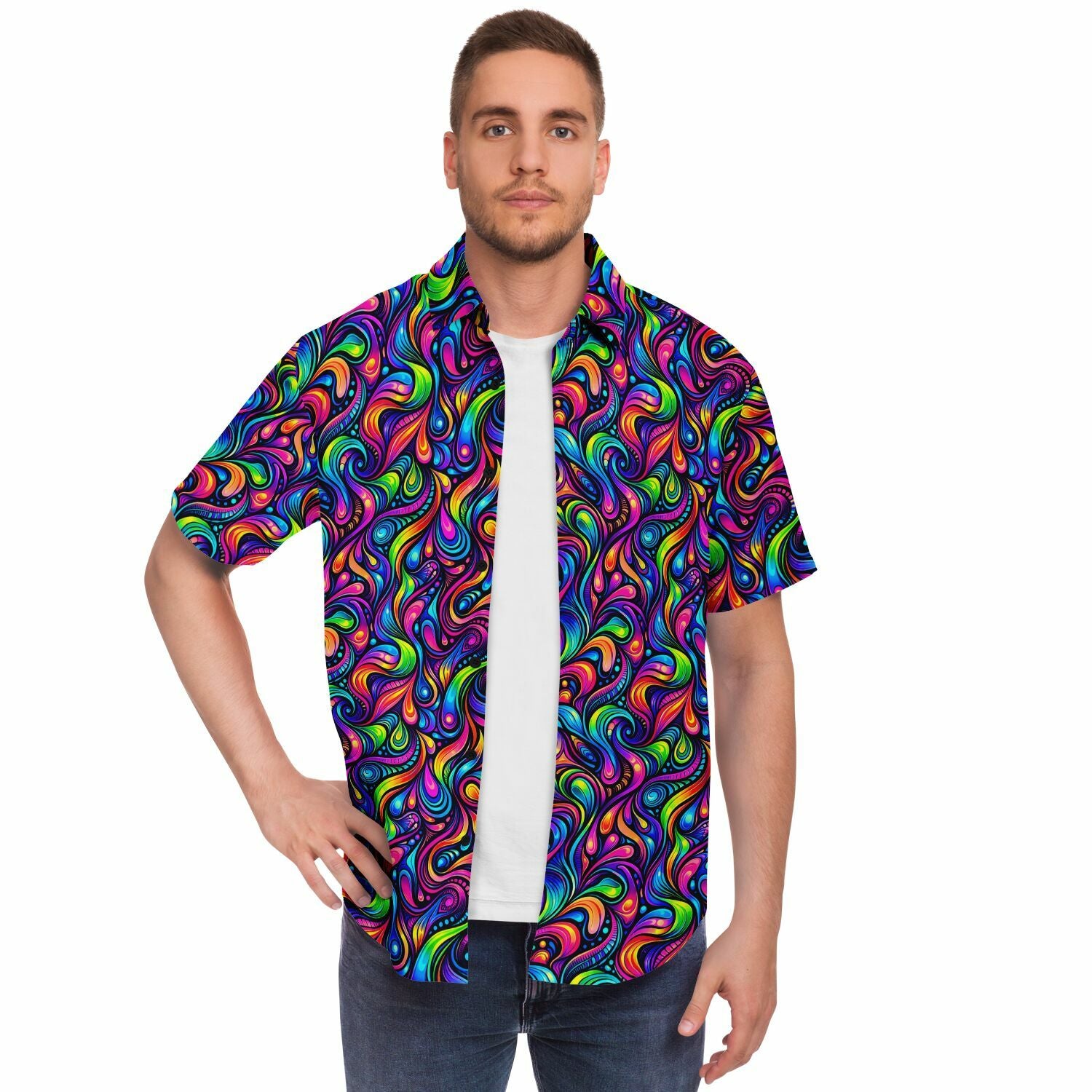 Psychedelic Men Button Up Shirt, Vibrant Trippy Funky Festival Short Sleeve Print Casual Buttoned Down Summer Male Guys Collared Designer - Starcove Fashion