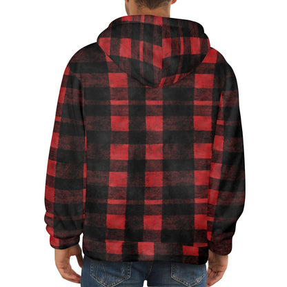 Red Black Buffalo Plaid Flannel Hoodie, Check Fleece Lined Heavyweight Pocket Men Women Unisex Aesthetic Graphic Hooded Sweatshirt Jacket