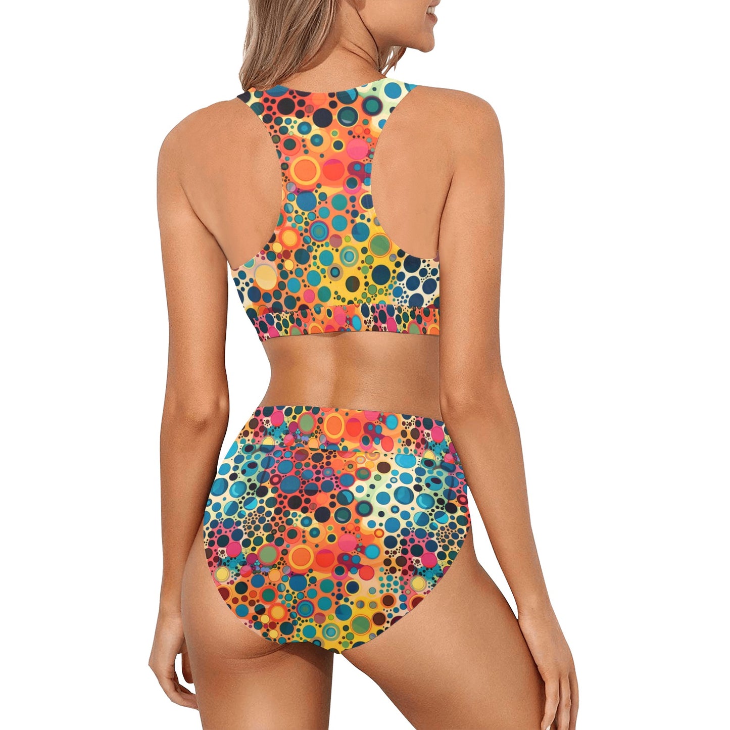 Psychedelic Sports Bikini Set, Dot Art Trippy Colorful High Waisted Cheeky Bottom Crop Halter Top Swimsuits Women Padded Festival Swimwear