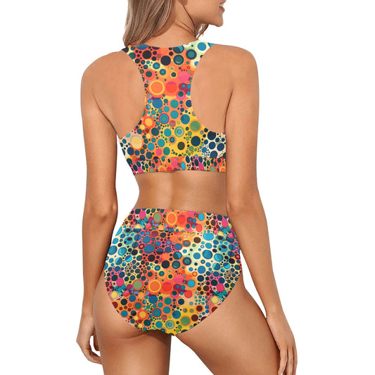 Psychedelic Sports Bikini Set, Dot Art Trippy Colorful High Waisted Cheeky Bottom Crop Halter Top Swimsuits Women Padded Festival Swimwear