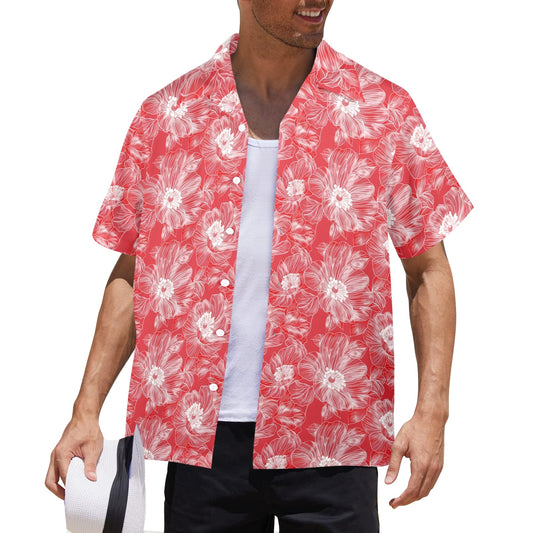 Red Men Hawaiian shirt, White Hibiscus Flower Floral Vintage Aloha Hawaii Retro Summer Tropical Beach Plus Size Pocket Guys Button Down