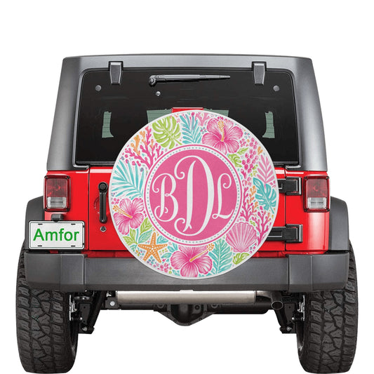 Custom Spare Tire Cover, Personalized Monogram Pink White Tropical Wheel Backup Camera Hole Camping RV Back Women Gift Trailer Waterproof