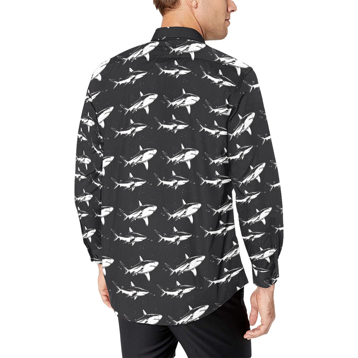 Great White Shark Long Sleeve Men Button Up Shirt, Nautical Ocean Beach Black Print Dress Buttoned Collar Casual Male Guy Plus Size Shirt