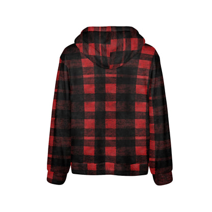 Red Black Buffalo Plaid Flannel Hoodie, Check Fleece Lined Heavyweight Pocket Men Women Unisex Aesthetic Graphic Hooded Sweatshirt Jacket