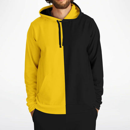 Half Black Half Yellow Hoodie, Two Tone Color Split Pullover Men Women Adult Cotton Hooded Sweatshirt with Pockets Designer Plus Size