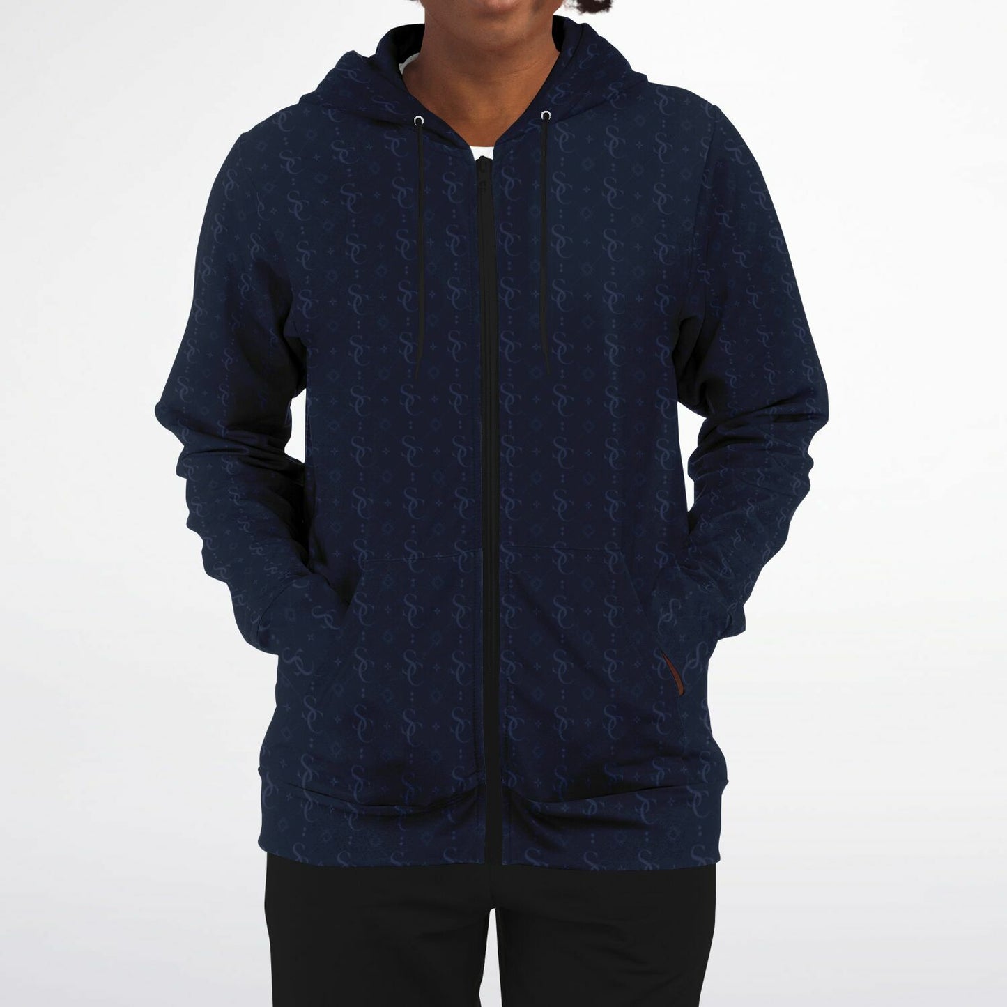 Navy Blue Zip Up Hoodie, Geometric Monogram Pattern Full Zipper Pocket Men Women Unisex Aesthetic Graphic Cotton Fleece Hooded Sweatshirt - Starcove Fashion